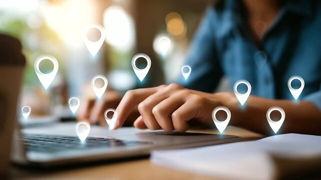 Faceless business person working on local search engine optimization strategy with digital marketing icons and location targeting visualization concept of online visibility
