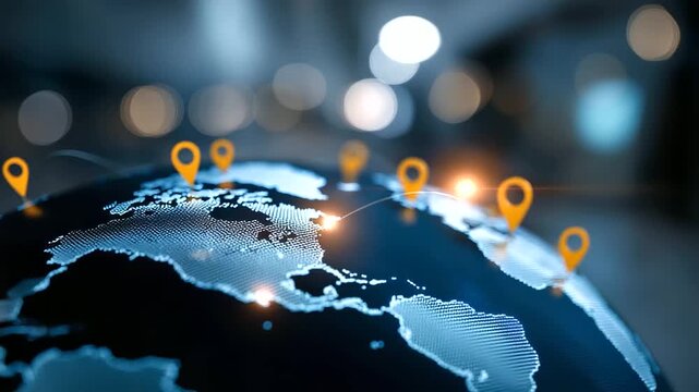 Franchise location strategy concept with global map and store icons visualization showing international business expansion planning franchise network development investment