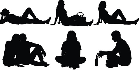 People silhouettes sitting, relaxing and socializing poses set, leisure lifestyle, friendship moments, casual activities, body language concepts © MstSahida