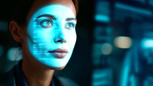Warning concept of deepfake technology and facial recognition system misuse showing cybersecurity threats visualization digital identity fraud alerts risks of AI generated face