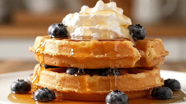 Golden syrup drizzling over fresh waffles with cream and blueberries