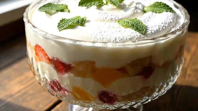 Delicious fruit trifle dessert in a glass bowl on a wooden table