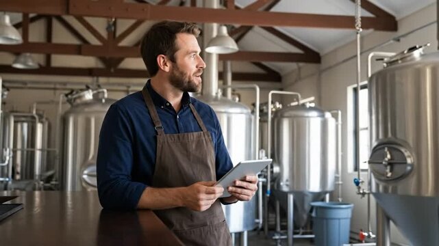 Male brewer in apron using a tablet to manage production in a modern craft beer brewery.