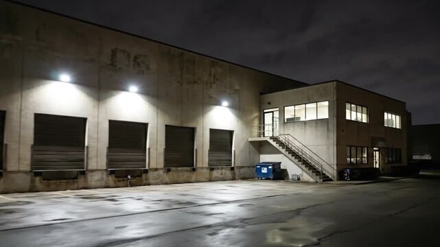 Nighttime exterior of an industrial building with multiple loading docks and illuminated office windows, quiet business park