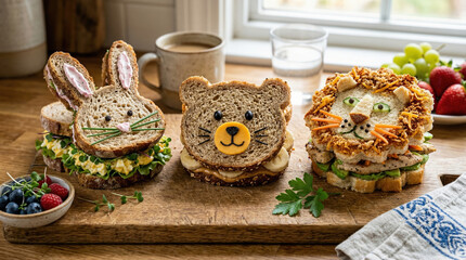 Cute animal-shaped sandwiches on wooden platter, kids lunch and party food idea