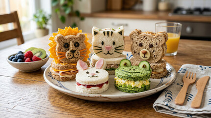 Close-up of cute animal sandwiches on board, playful kids snack presentation