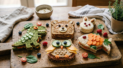 Flat lay of open-faced sandwiches and cute animal toasts on board, brunch concept