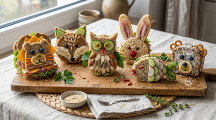 Animal sandwich board display with cute toasts, creative brunch platter on table