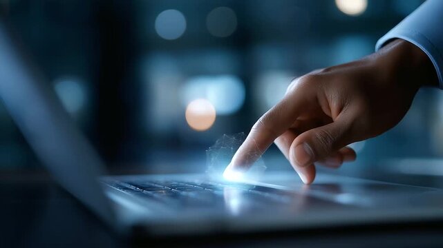 Faceless finger touching laptop with artificial intelligence powered multilingual interface symbolizing global communication technology language translation system localization