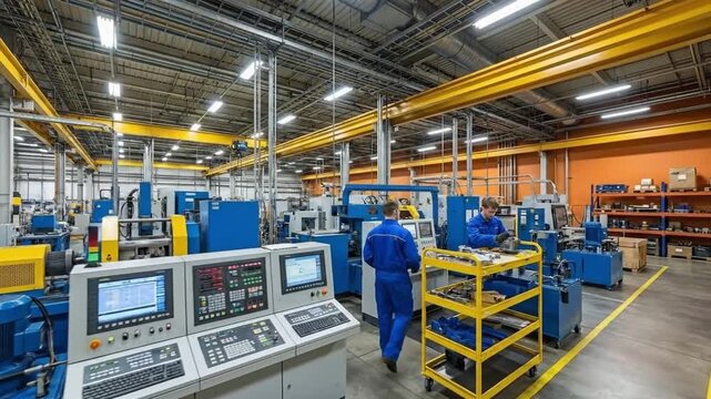Modern Manufacturing Factory Floor with Workers Operating Advanced Industrial Machinery and Control Panels