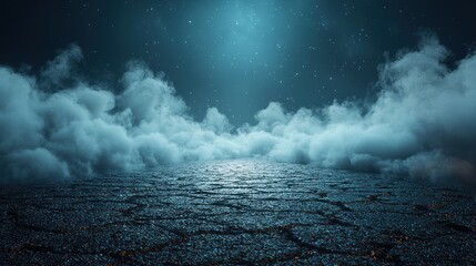Mystical night scene Cracked asphalt road, ethereal clouds, starry sky; ideal for fantasy or sci-fi backgrounds