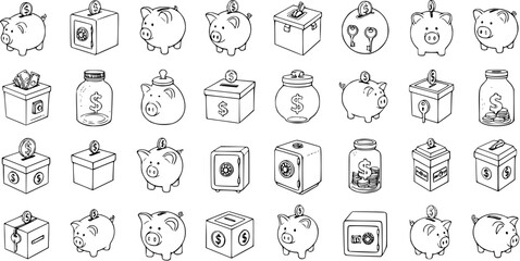 Fototapeta premium Variety of Savings Icons: Piggy Banks, Safes, and Jars in Sketch Style