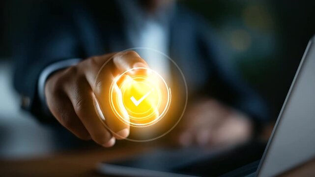 Faceless businessman hand touching virtual certification and quality management system interface hologram concept of compliance standards international certification audit