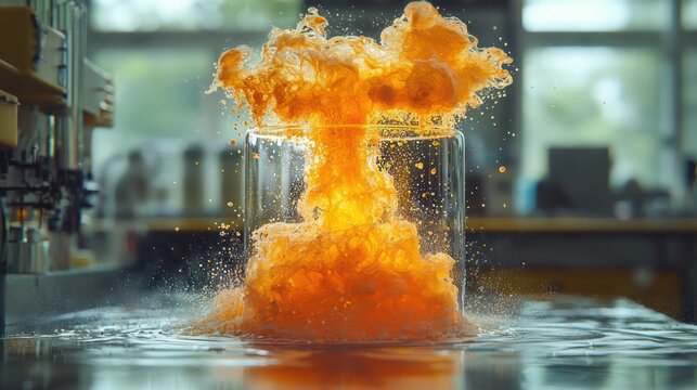 Orange liquid exploding in glass jar, lab background, scientific experiment, education