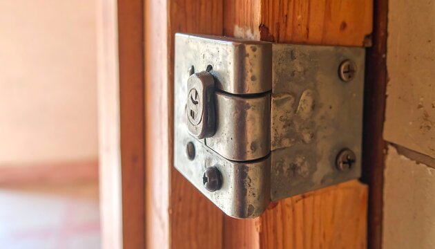 Close-up shows weathered metal latch attached to a wooden door edge