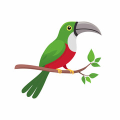 Fototapeta premium Cartoon toucan bird perched on a branch, green and red plumage and long beak.
