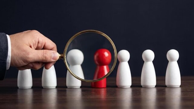 Hand using magnifying glass to select a unique red person figurine among white ones, symbolizing talent, recruitment, and individuality.