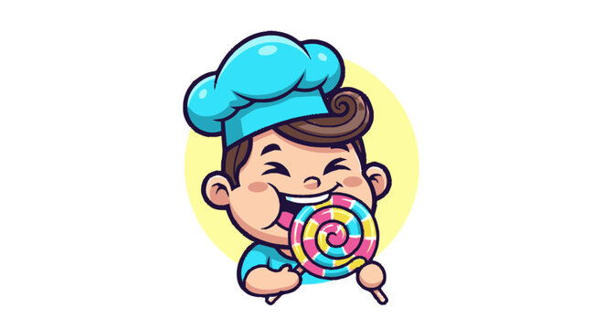 Cartoon Chef Enjoying a Lollipop Treat.