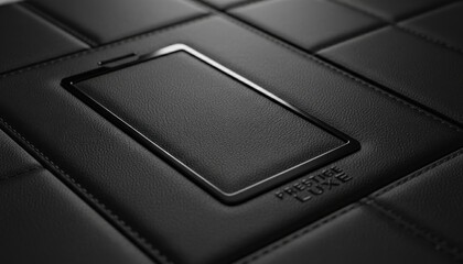 Fototapeta premium Detailed view of black quilted leather with subtle stitching and 'Prestige Luxe' branding, showcasing premium material texture.
