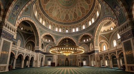 Obraz premium Ornate Islamic Mosque Interior with Detailed Dome and Arabic Calligraphy
