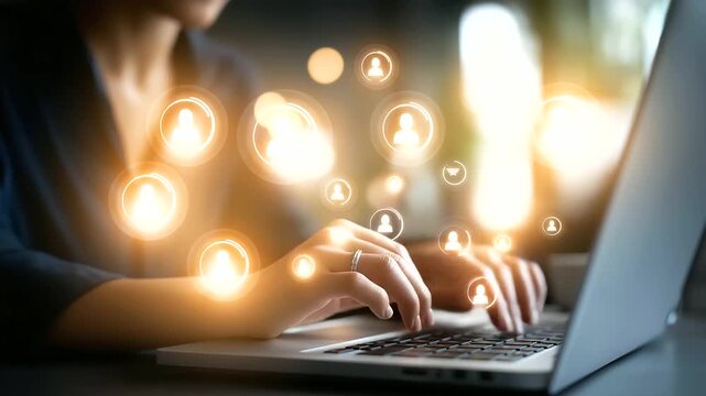 Faceless person using artificial intelligence assistant interface on laptop with digital icons floating concept of AI in everyday life smart technology integration virtual assis