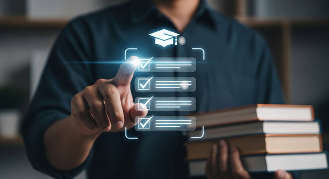 Person interacting with virtual education interface while holding books
