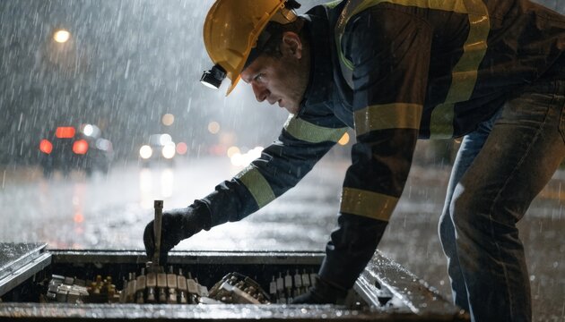 Focused medium shot of an inspector opening a street vault at night illuminated by headlamp showcasing crowded fiber splice trays inside out of focus.