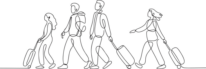 Continuous Line Drawing People Want to Travel with Suitcases. Holiday Concept. one line art icon drawing vector
