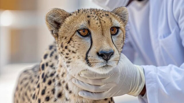 A veterinarian in white gloves carefully examines the head and neck of a calm cheetah outdoors.