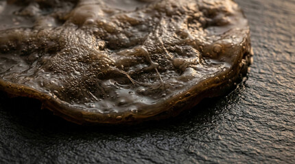 Sliced black rice vinegar SCOBY showing layered fermented gelatinous texture