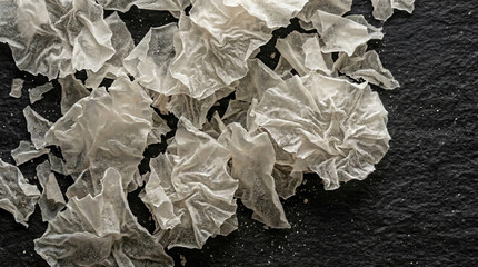 Extreme macro of dried agar-agar flakes on dark slate surface