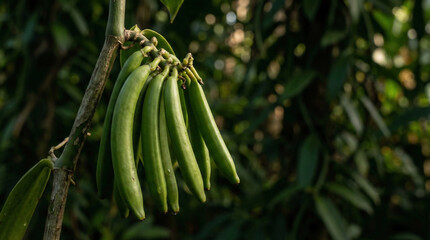 Cluster of raw green vanilla bean pods hanging on the vine in garden