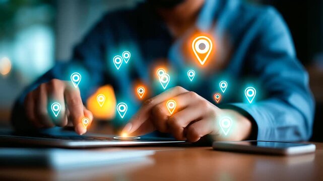 Faceless business person working on local search engine optimization strategy with digital marketing icons and location targeting visualization concept of online visibility