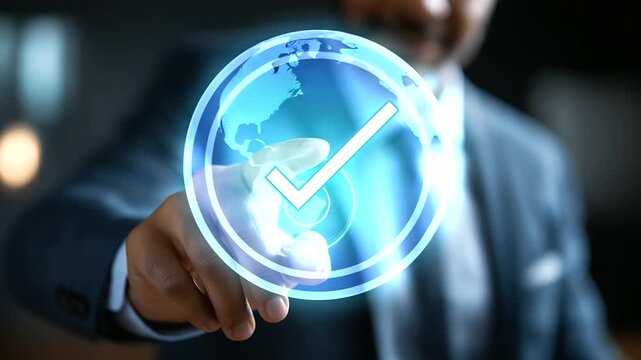 Faceless businessman touching digital checkmark icon on virtual screen for document verification task approval process data validation in online workflow and digital