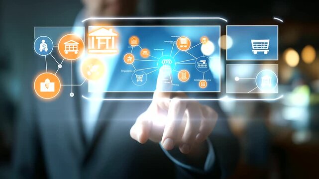 Faceless businessman touching virtual franchise icon with shop symbols floating concept of franchise business model growth strategy visualization investment opportunity