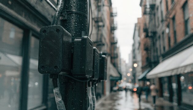Cluster of small microcell devices aligned on utility poles overhead in a dense urban passage foremost unit sharply captured against a blurred street scene.