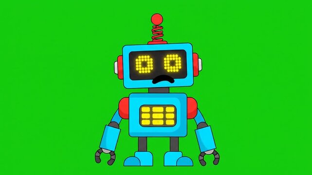 A cartoon robot with a blue body, red accents, and a screen for a face, standing on a green background