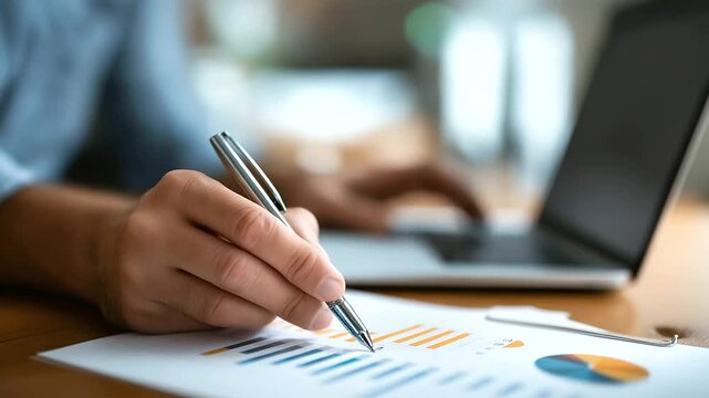 Faceless hand holding pen analyzing cost reduction and quality improvement chart on laptop screen symbolizing business strategy optimization performance enhancement return on