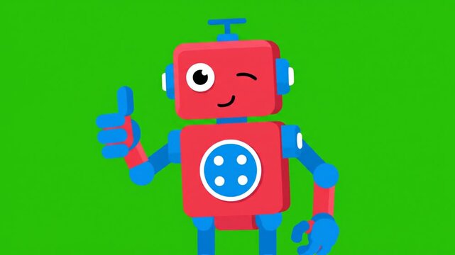 A cartoon robot with a red body, blue limbs, and a winking eye giving a thumbs-up against a green background