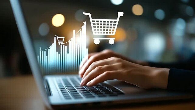 Faceless hands typing on laptop with upward bar chart and e commerce icon visualization symbolizing online sales growth trajectory digital marketing success business revenue inc