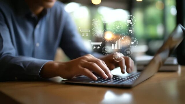 Faceless person interacting with agentic artificial intelligence interface on laptop featuring chatbot icons analytics graphs shopping cart symbols user interface elements rep