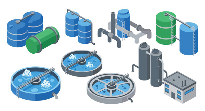 Isometric illustration of a water purification and wastewater treatment facility