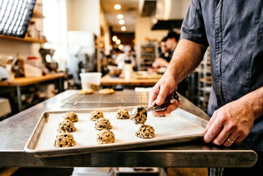 A baker scooping chocolate chip cookie dough onto a baking sheet in a professional kitchen