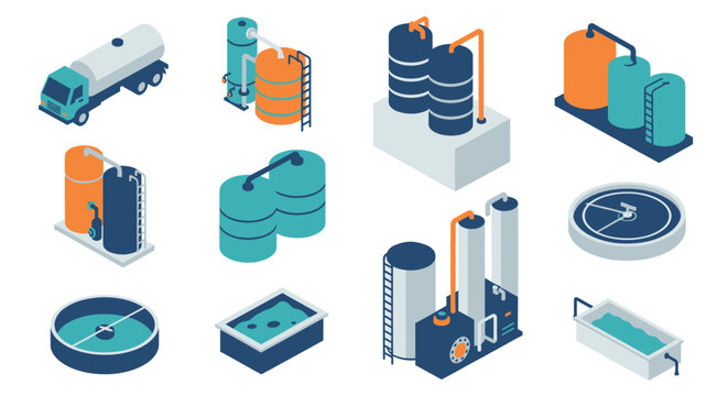 Isometric illustration of various industrial tanks and water storage systems