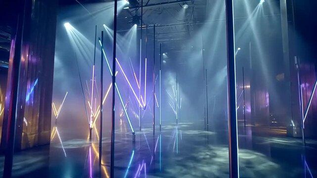 Futuristic nightclub interior with neon lights and spotlights.