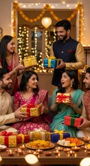 Fototapeta premium Group of happy men and women sharing gifts and sweets on Diwali. Indian festive celebration with traditional decor and happy family moments.