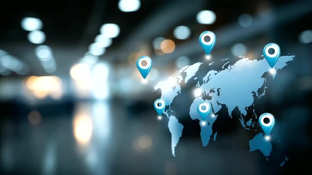 Franchise location strategy concept with global map and store icons visualization showing international business expansion planning franchise network development investment