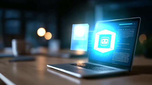 Futuristic interface of large language model with chatbot icon code window display neural network graph visualization on laptop screen concept of artificial intelligence