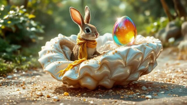 Whimsical rabbit in scarf with iridescent egg in shell amidst sunlit forest