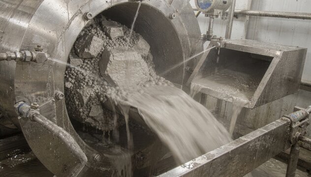 Medium shot of wet milling equipment processing crushed phosphate rock under controlled water flow emphasizing smooth grinding and slurry formation for chemical extraction.